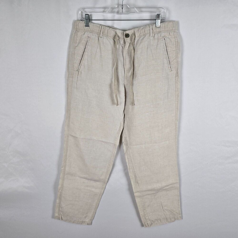 Tasso Elba Linen Pants Women's L Beige Elastic Waist Drawstring Straight Pockets